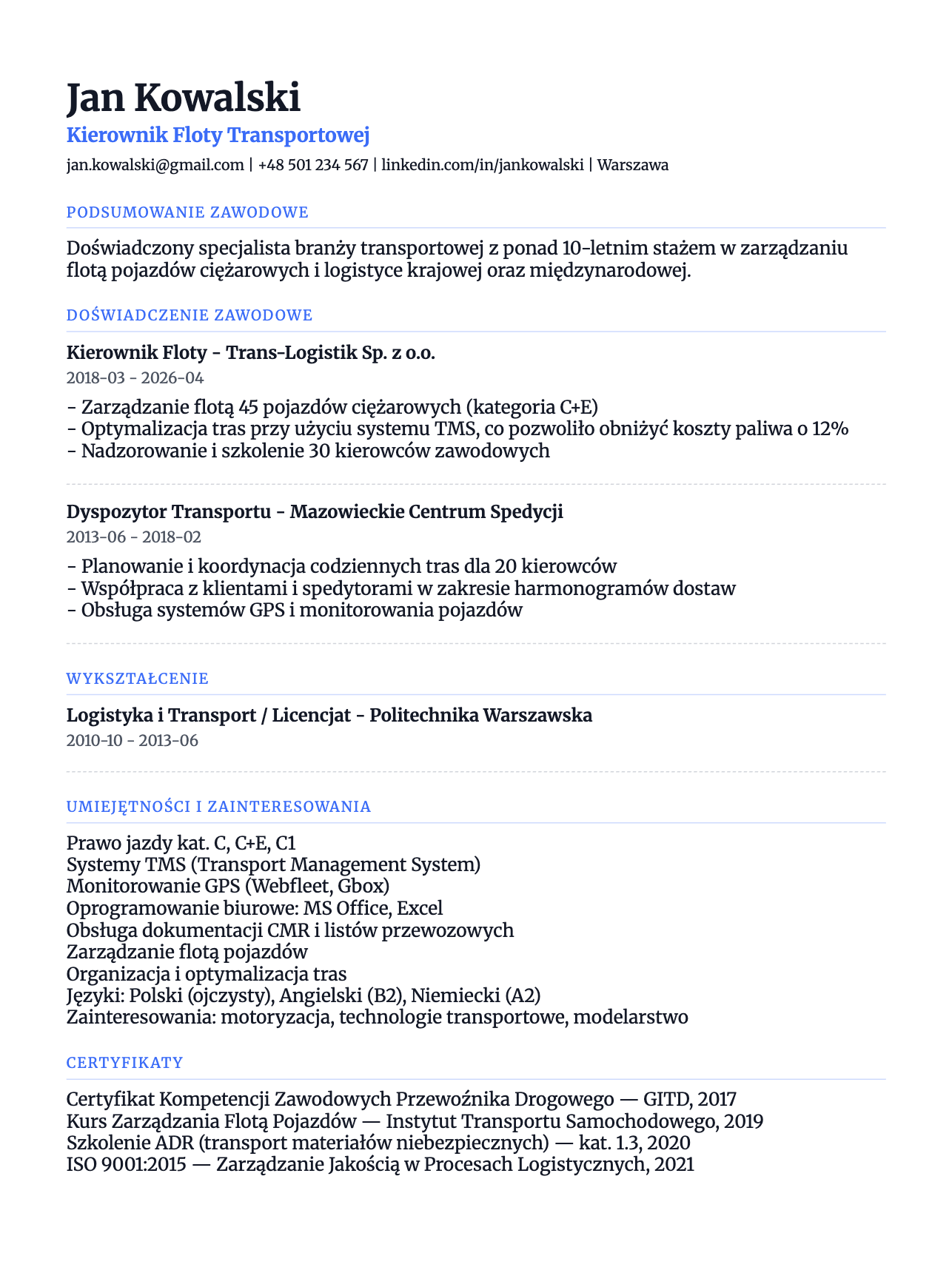 Przykładowe CV stworzone w aplikuj.app